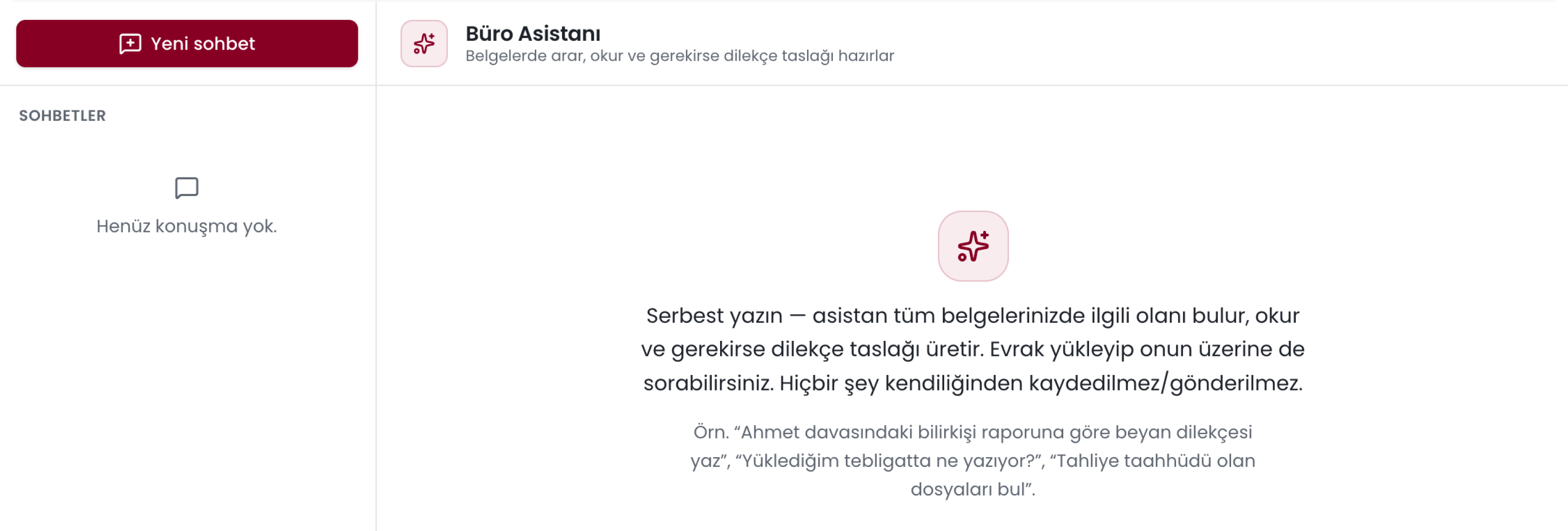 Büro Asistanı sohbet ekranı — belgelerde arar, okur ve gerekirse dilekçe taslağı hazırlar