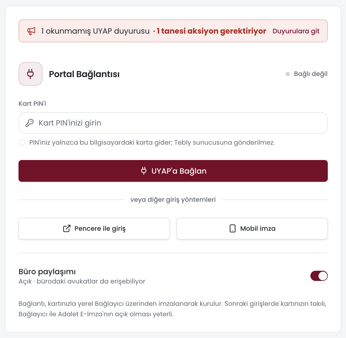 Tebly UYAP portal bağlantısı ekranı