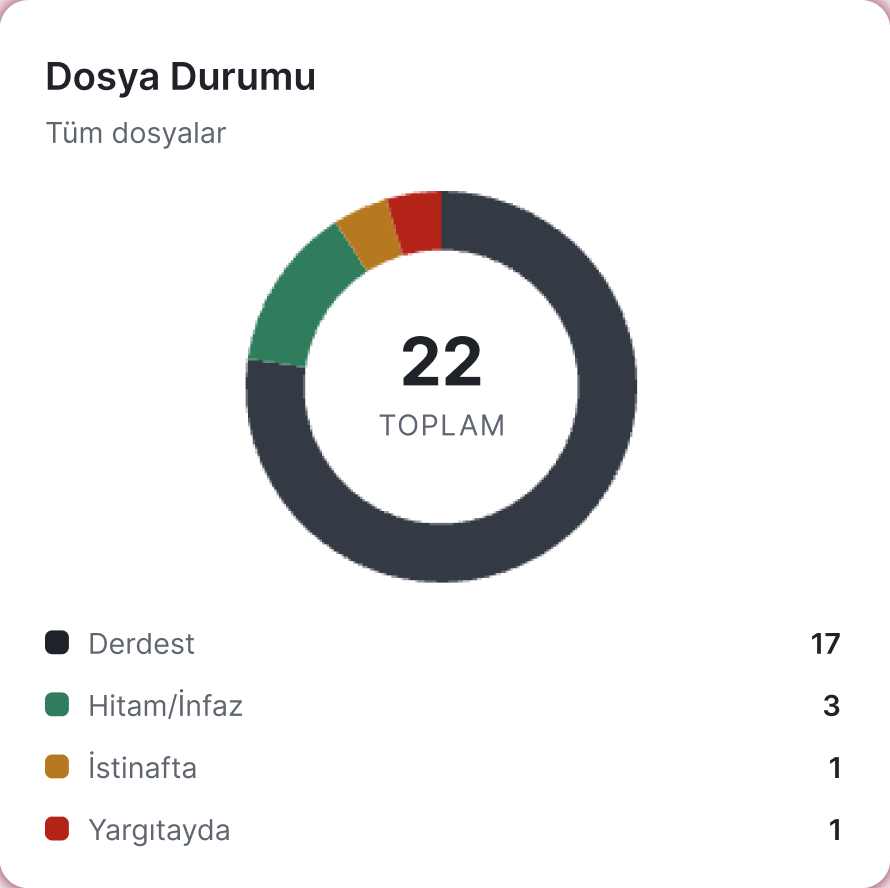 Dosya durumu kartı — derdest, hitam, istinaf ve Yargıtay dağılımı